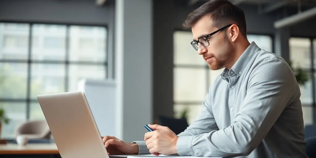 Entrepreneur researching market trends in a bright workspace.