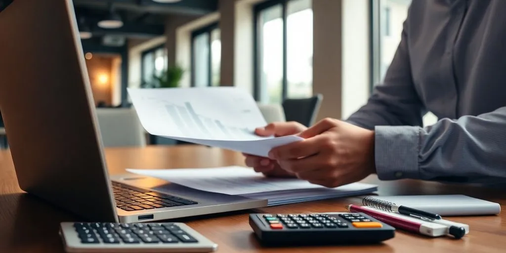 Business owner with documents in a cozy office setting.