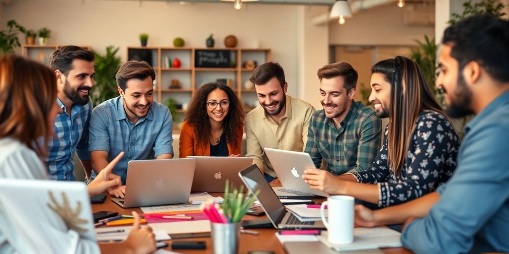 Entrepreneurs collaborating in a bright, modern workspace.