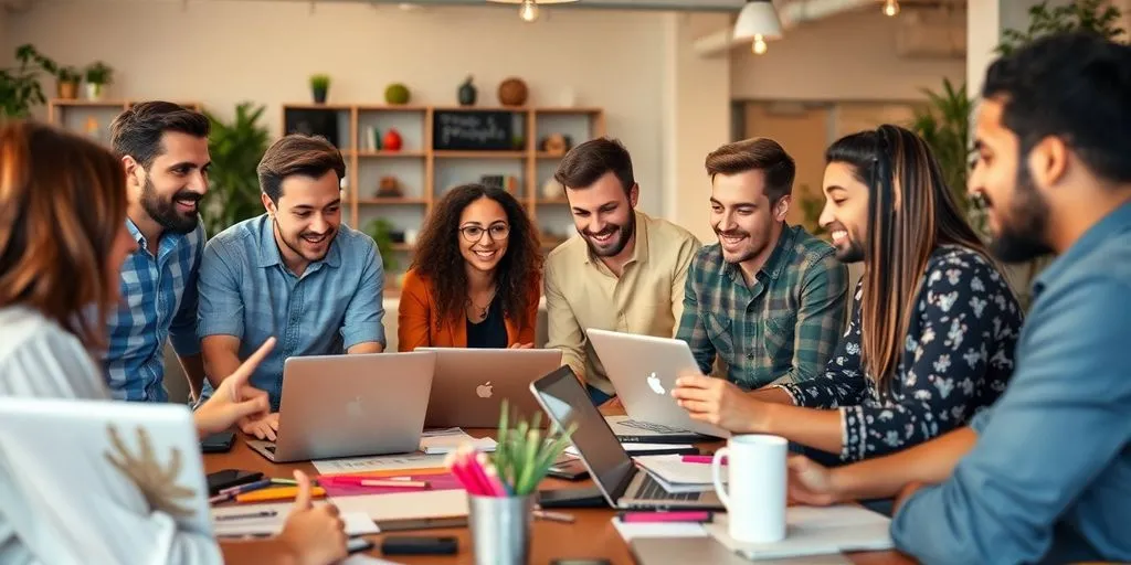 Entrepreneurs collaborating in a bright, modern workspace.