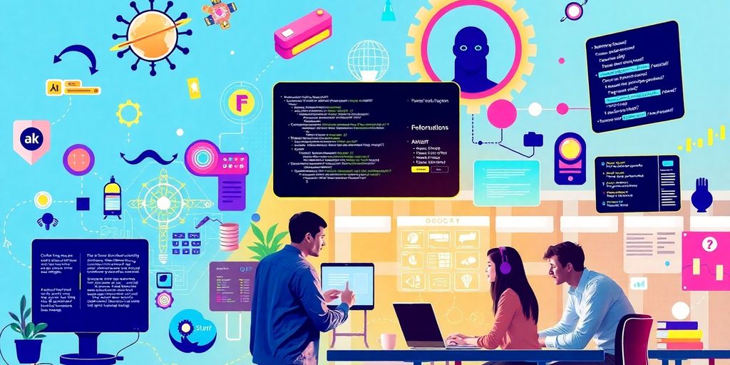 Colorful image of innovative tech and entrepreneurs brainstorming.