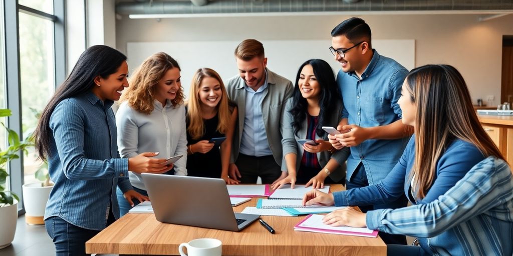 Group of entrepreneurs collaborating in a modern workspace.