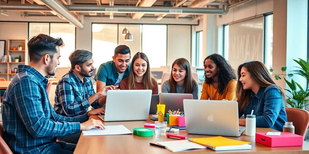 Diverse entrepreneurs collaborating in a modern office environment.