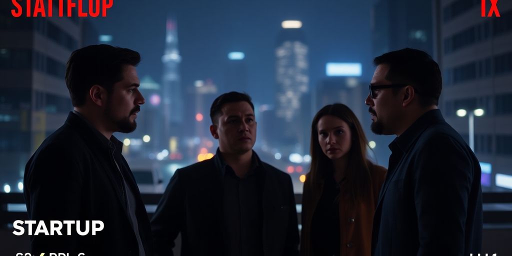 Main characters in a tense discussion amid city lights.