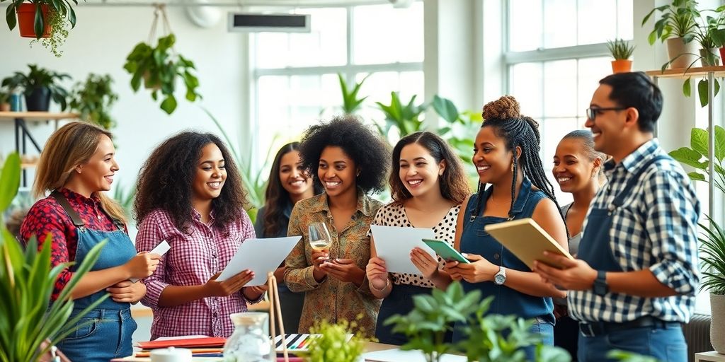 Diverse small business owners collaborating in a modern workspace.