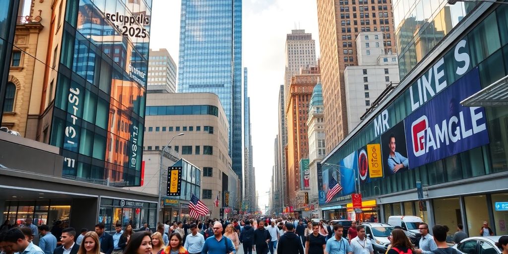New York City skyline with professionals in a startup environment.