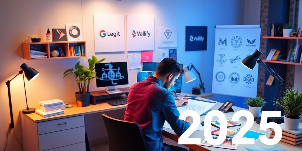Designer creating logos in a colorful workspace.