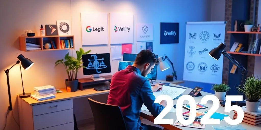 Designer creating logos in a colorful workspace.