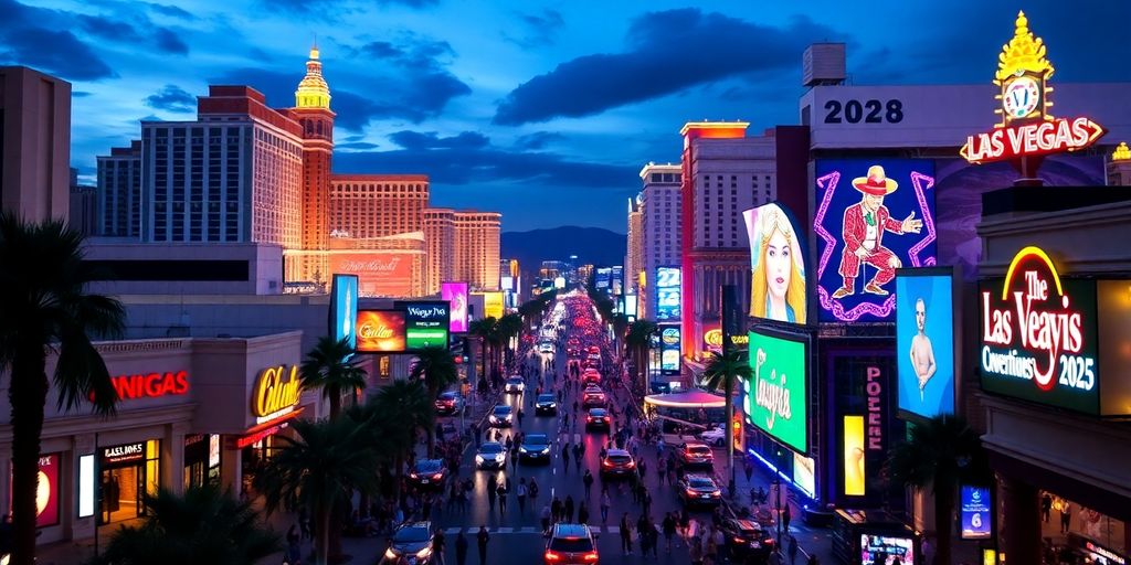 Vibrant Las Vegas Strip at night with bright lights.
