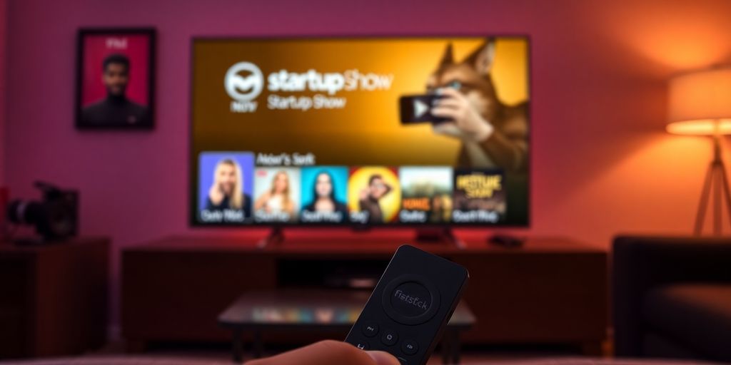 Firestick remote and TV displaying the Startup Show app.