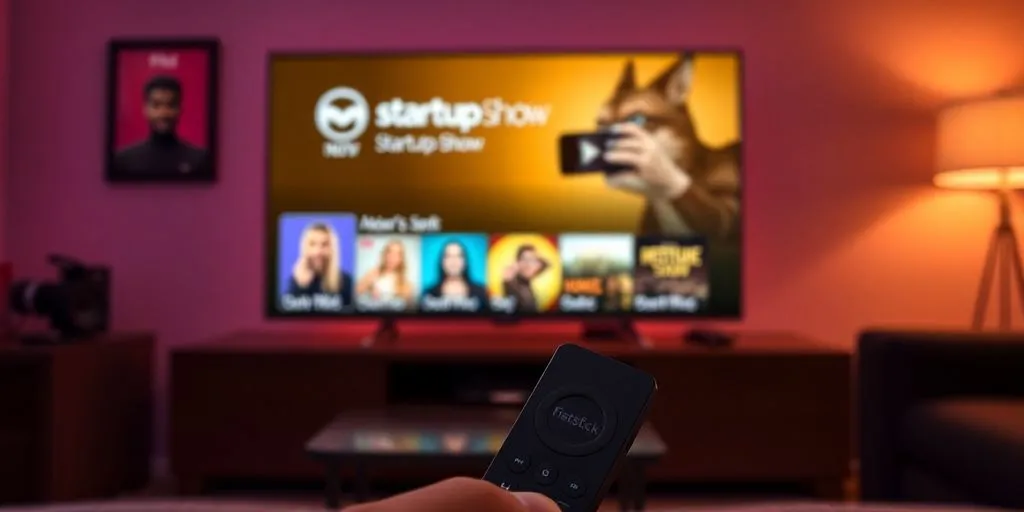 Firestick remote and TV displaying the Startup Show app.