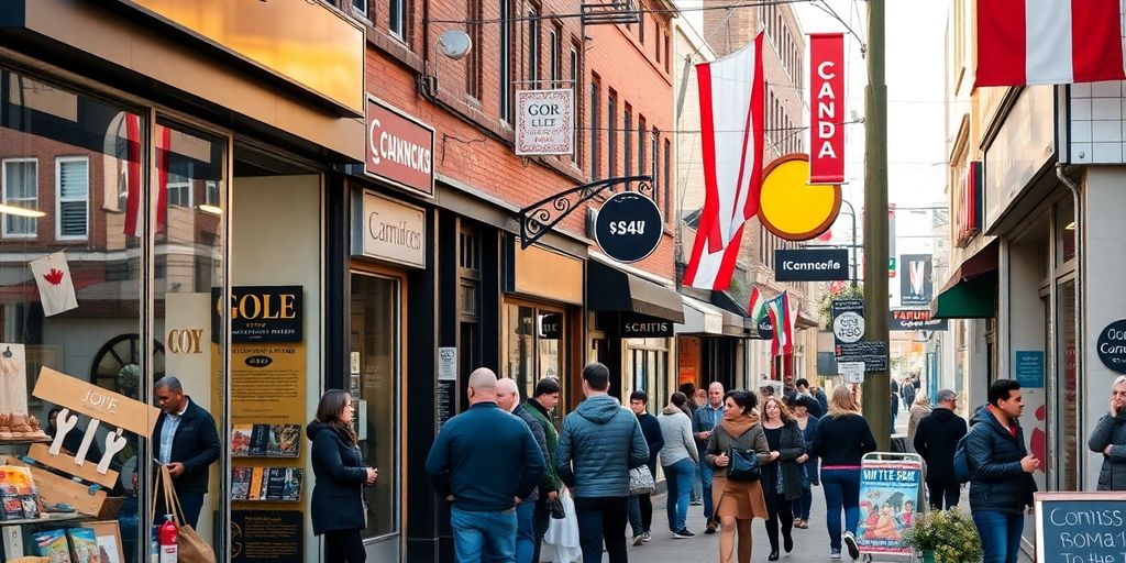 Busy Canadian small business district with diverse storefronts.