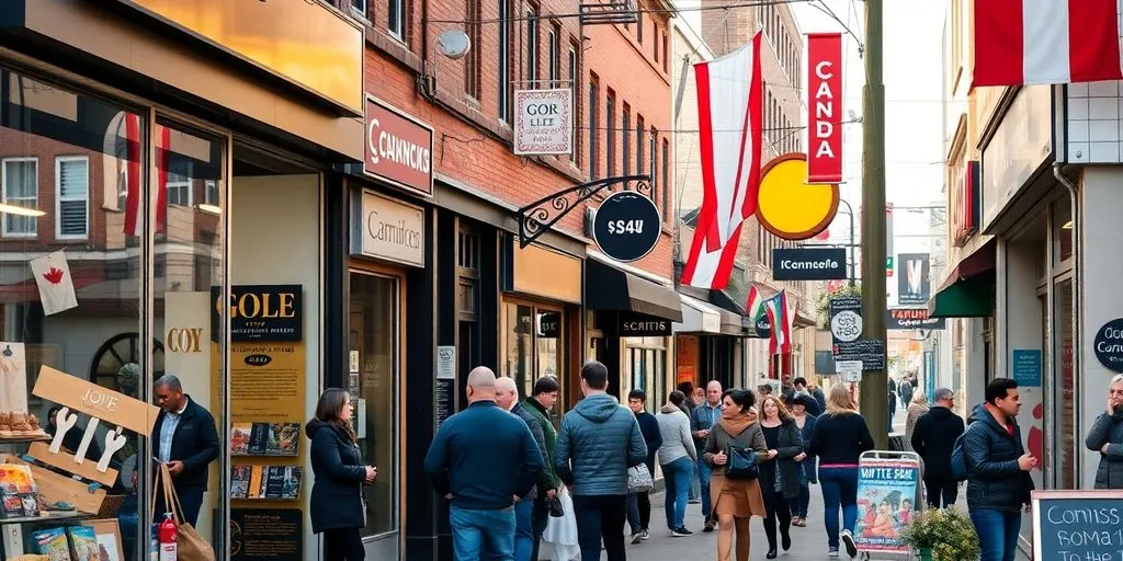 Busy Canadian small business district with diverse storefronts.