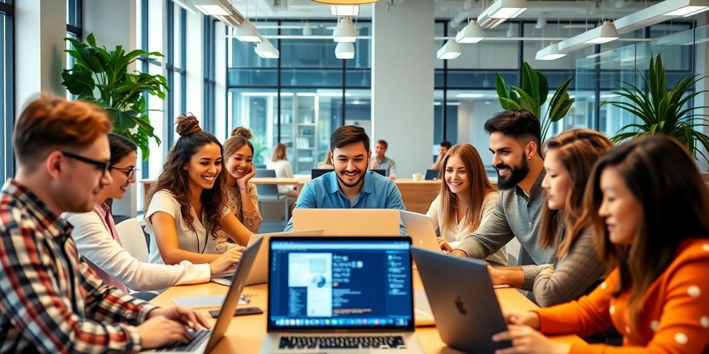 Diverse remote workers collaborating in a modern workspace.