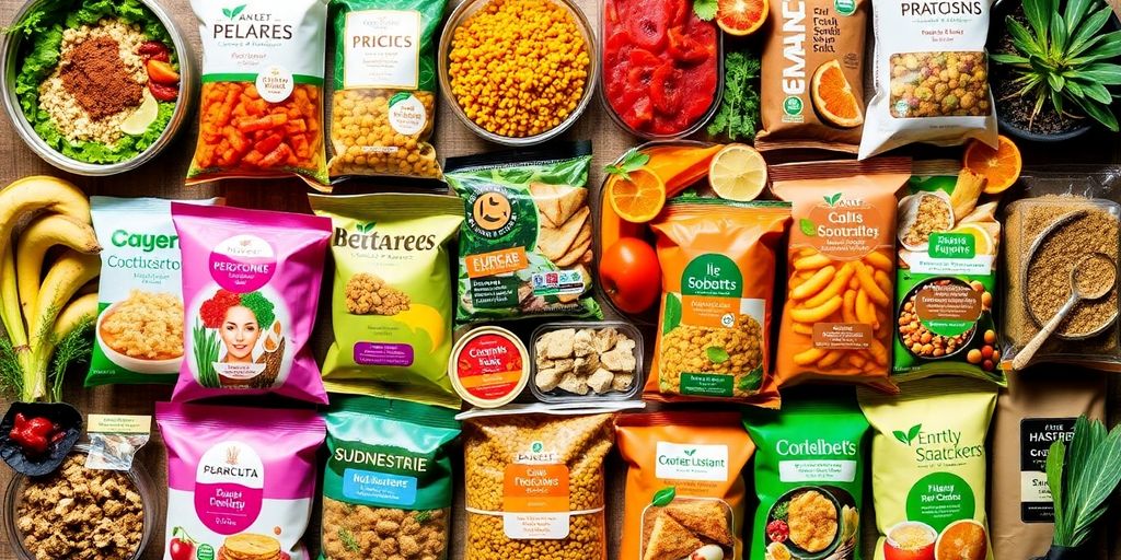 Colorful food products illustrating 2021 food business trends.