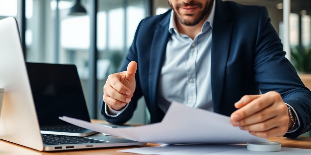 Entrepreneur reviewing financial documents in a modern office.