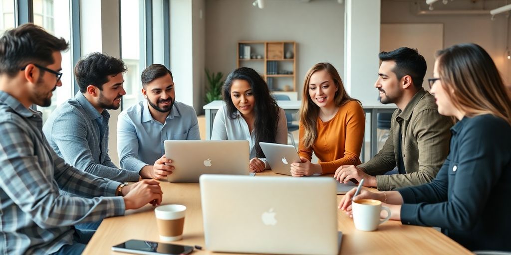 Group of entrepreneurs brainstorming in a modern office.