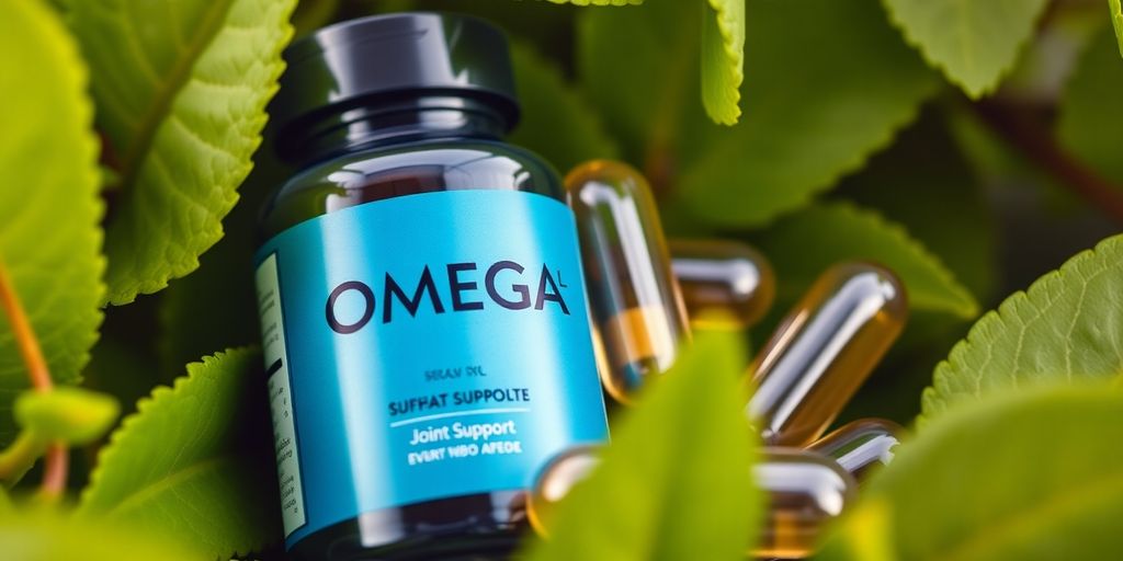Omega XL capsules with green leaves on a blurred background.