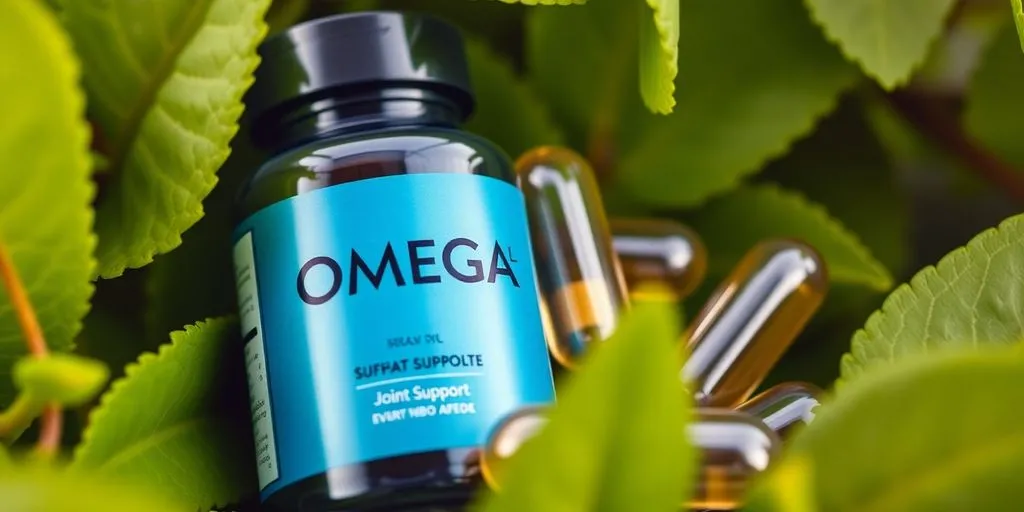 Omega XL capsules with green leaves on a blurred background.