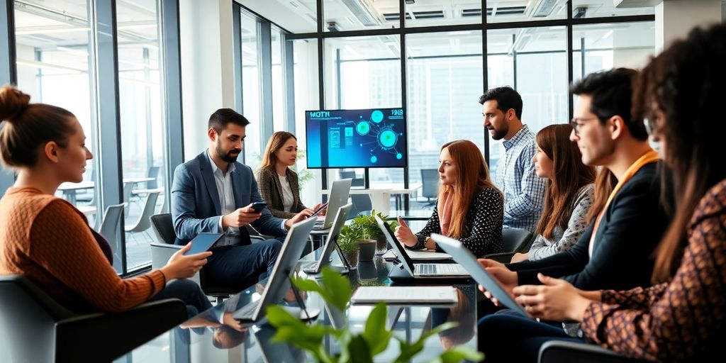 Diverse professionals collaborating in a modern office environment.