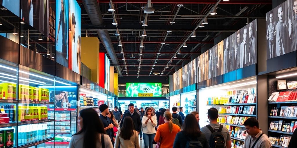 Vibrant retail scene with shoppers exploring products.