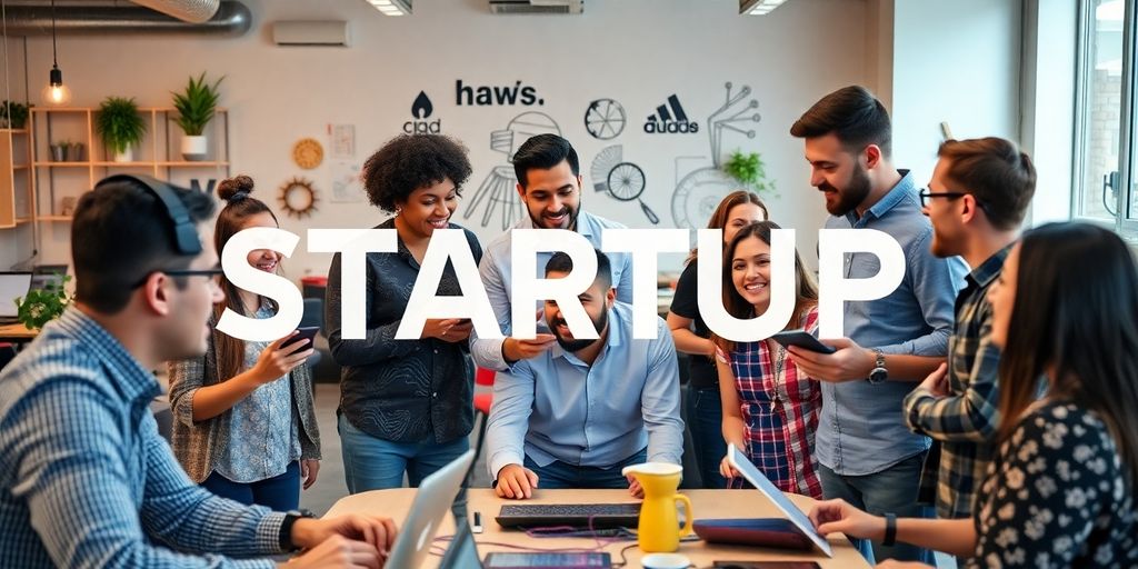 Diverse entrepreneurs collaborating in a modern startup workspace.