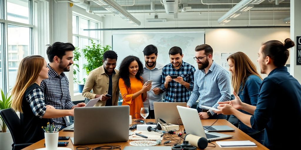 Diverse entrepreneurs collaborating in a modern startup office.