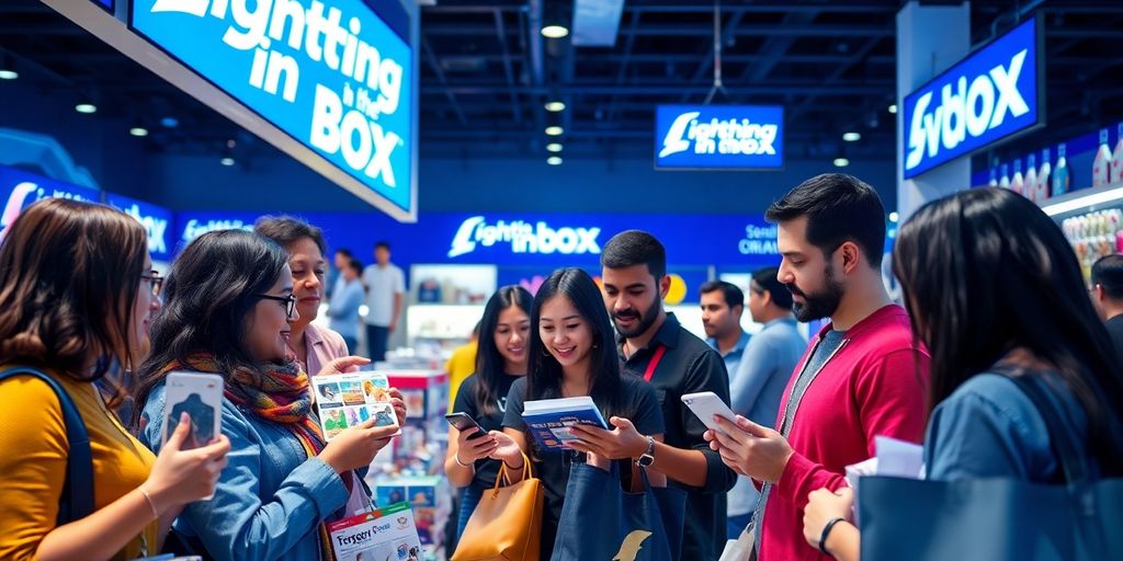 Shoppers engaging with products in a Lightning in the Box store.