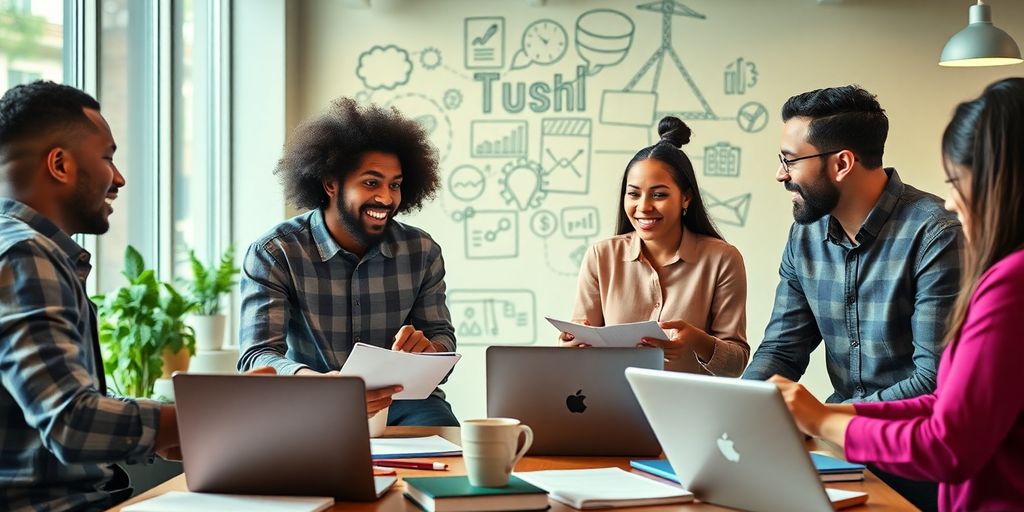 Entrepreneurs collaborating in a bright office setting.