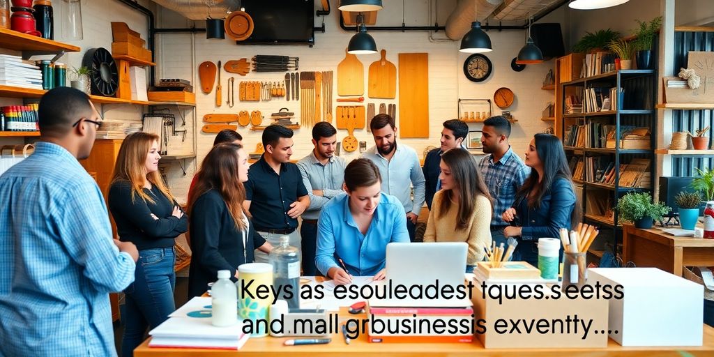 Diverse entrepreneurs collaborating in a lively small business setting.