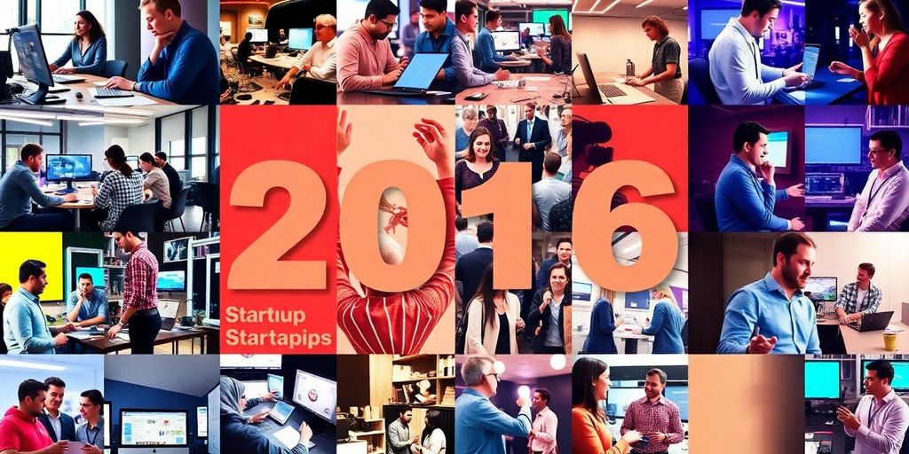 Collage of energetic startup scenes from 2016.
