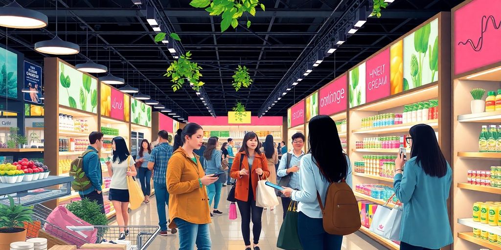 Diverse shoppers in a modern retail setting with technology.