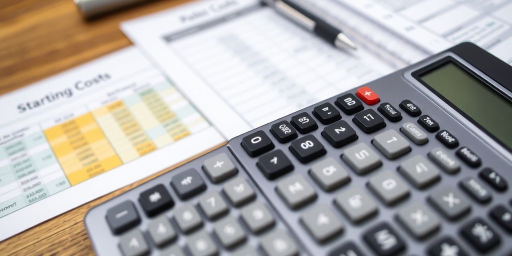 Calculator and financial documents on a wooden desk.