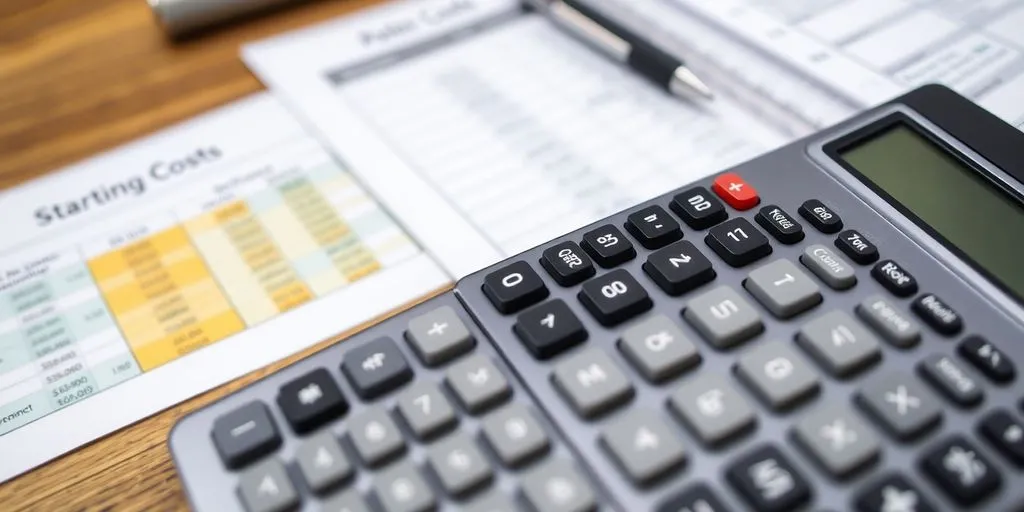 Calculator and financial documents on a wooden desk.