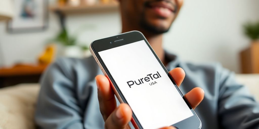 Smartphone showing PureTalk USA interface in a cozy setting.