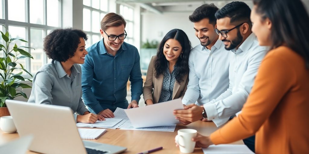 Group of entrepreneurs collaborating in a modern workspace.