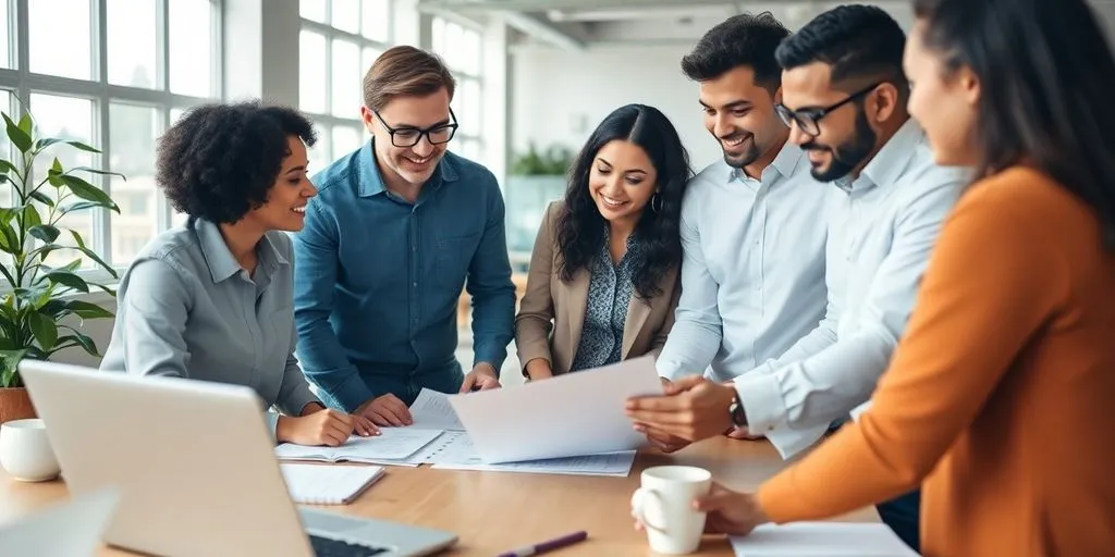 Group of entrepreneurs collaborating in a modern workspace.