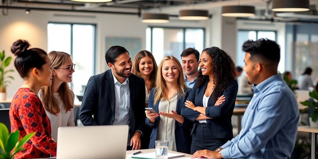 Diverse team collaborating in a modern workspace.