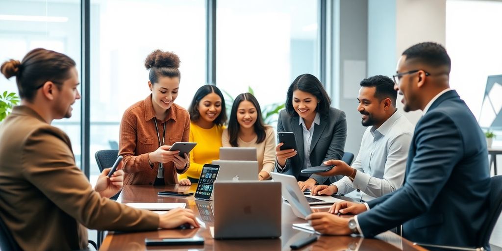 Diverse team collaborating in a modern office environment.