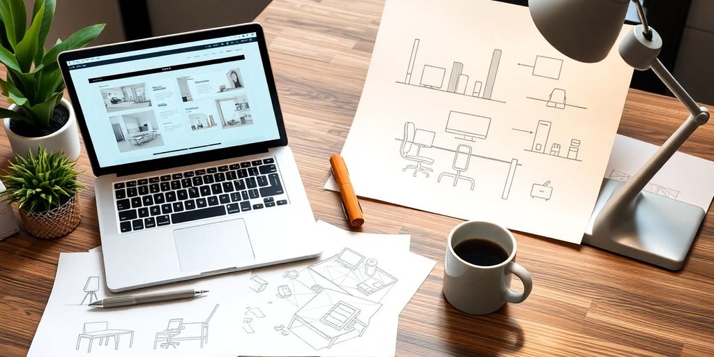 Creative workspace with laptop and design sketches for startups.