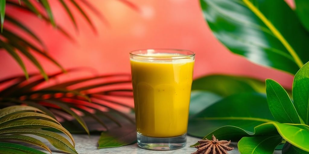 Glass of Kava drink with tropical leaves background.