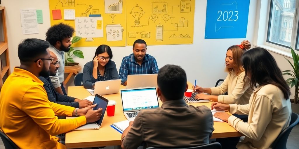 Diverse entrepreneurs brainstorming in a modern workspace.