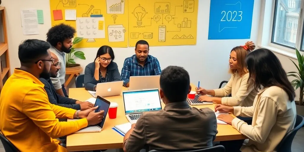 Diverse entrepreneurs brainstorming in a modern workspace.