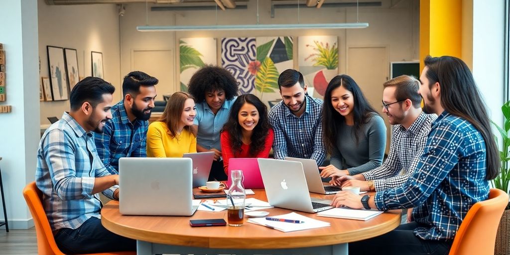 Diverse entrepreneurs brainstorming in a modern office setting.