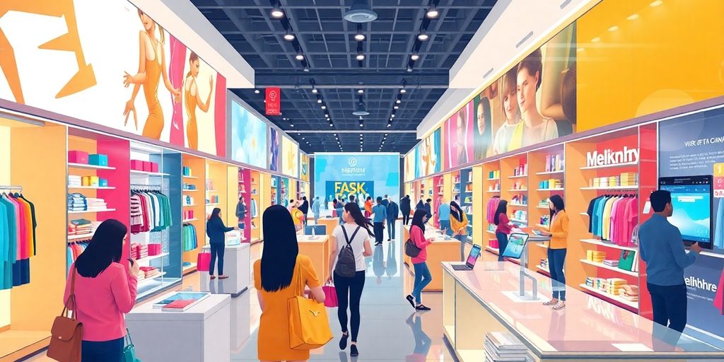 Diverse retail scene with modern shopping experiences and technology.