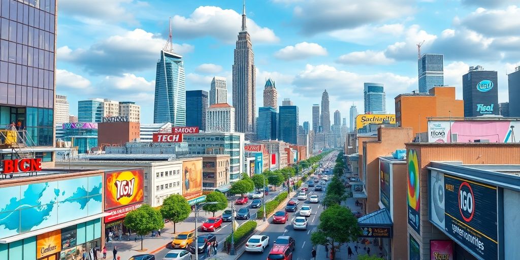 City skyline with bustling streets and active businesses.