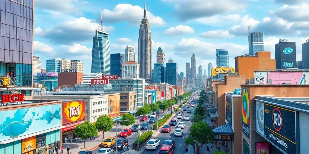City skyline with bustling streets and active businesses.