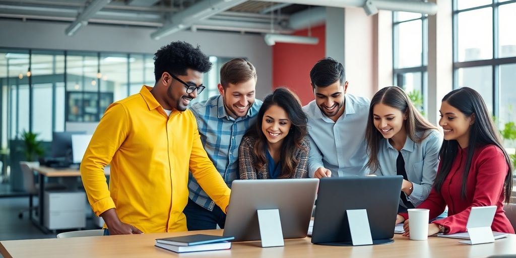 Team collaborating in a vibrant digital workspace.