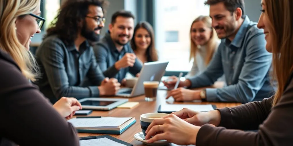 Group of people brainstorming startup ideas around a table.