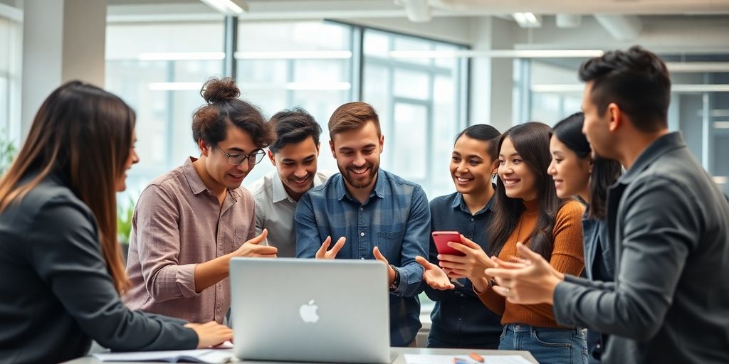A team working together in a collaborative office environment.